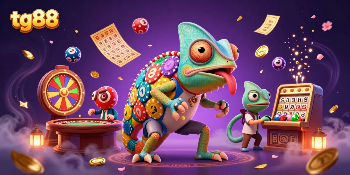 Spin to win with tg88 at this colorful, vibrant casino scene filled with lottery balls, golden tickets, and rich game elements.