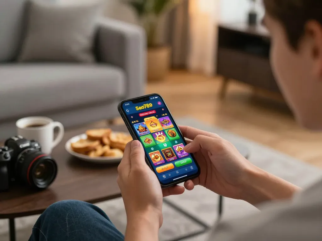 Sao789 app interface displayed on a smartphone during online gaming session in a cozy living room.
