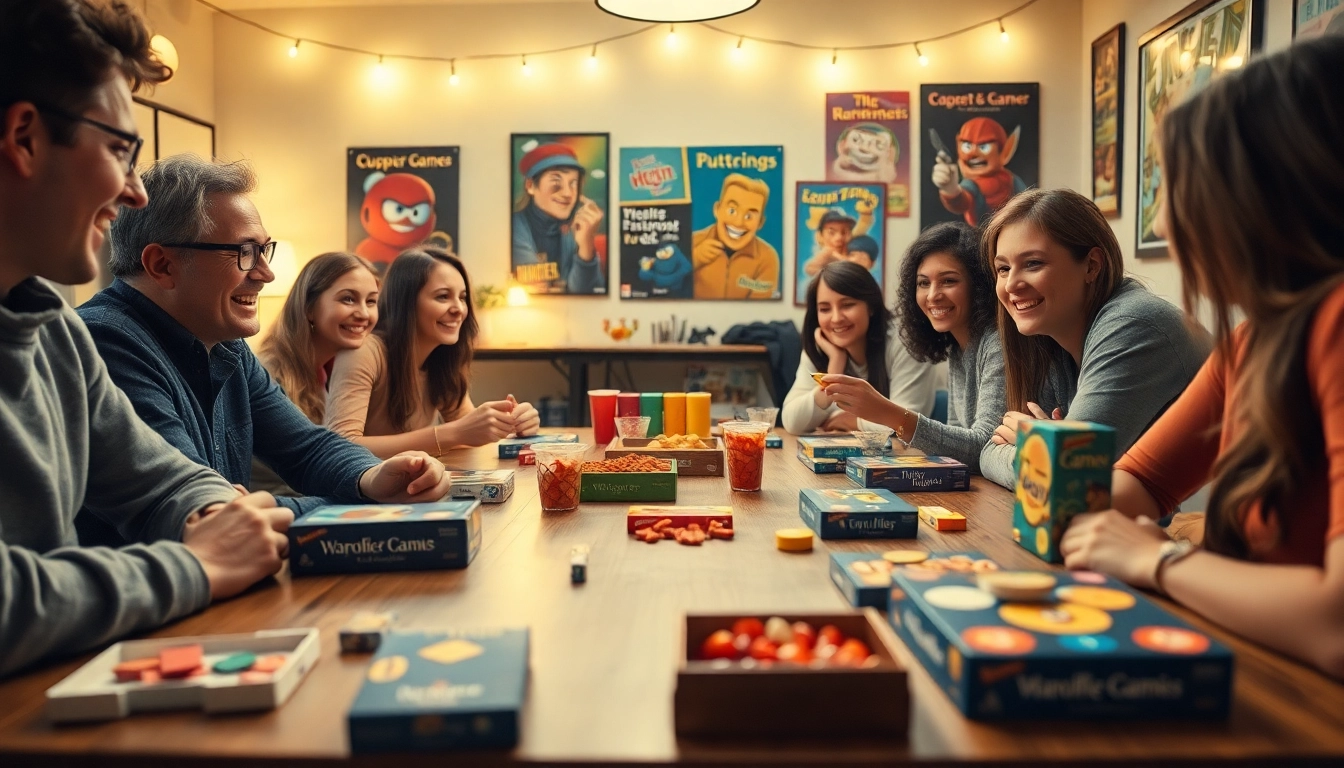 Spieleabend mit Freunden: Lächelnde Menschen genießen einen unterhaltsamen Spieleabend mit Brettspielen.