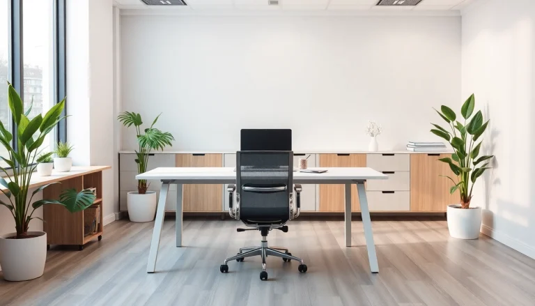 Büromöbel-Design mit ergonomischem Schreibtisch und stilvollem Stuhl in einem modernen, hellen Büro.