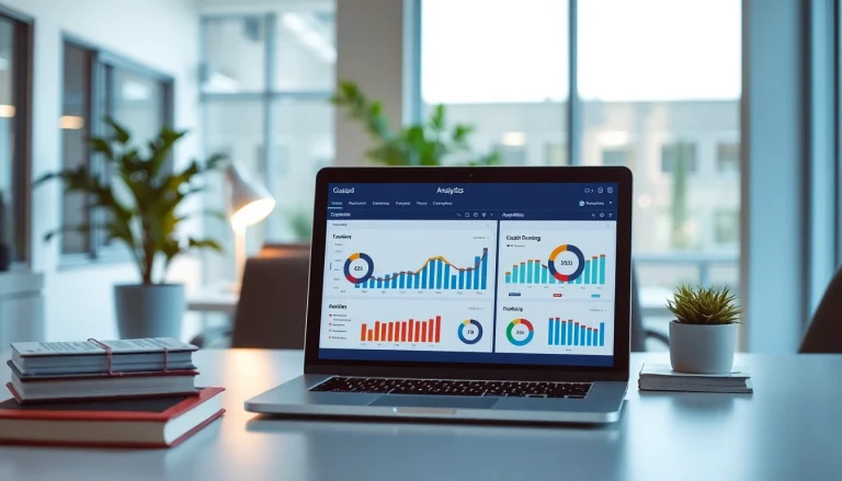 Visualisiere SEO-Ranking-Analysen in einem modernen Büro mit Laptop und Diagrammen.