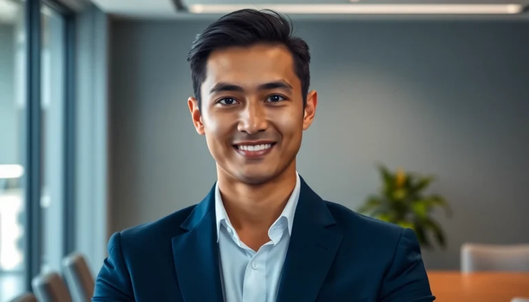 Create an ai professional headshot free showcasing a confident young professional in a modern office.