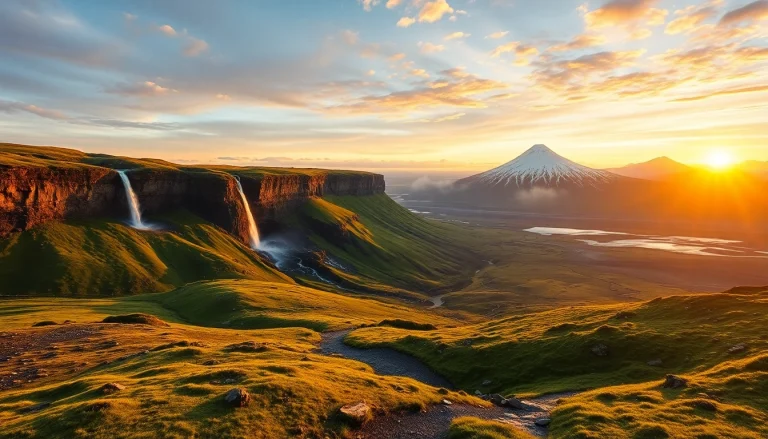 Erleben Sie die spektakuläre 'Reise nach Island' mit dramatischen Wasserfällen und Vulkanszenen bei Sonnenuntergang.