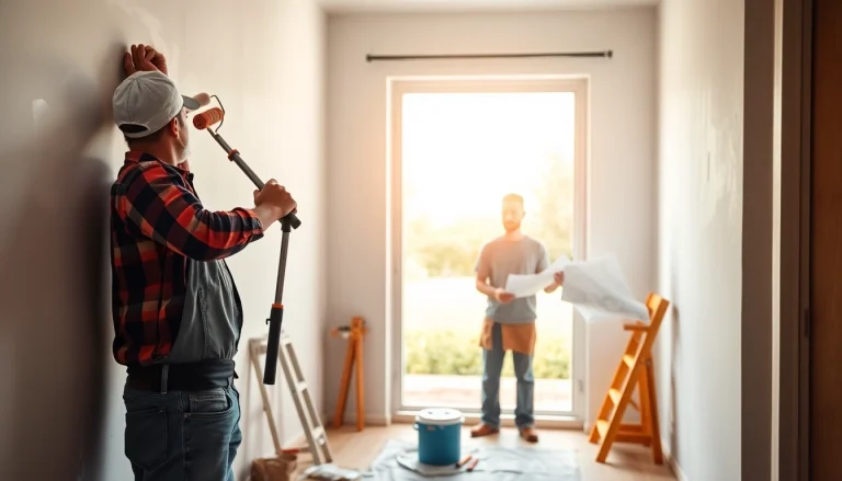 Hausrenovierung: Handwerker neu gestaltet ein Haus mit Malerwerkzeugen und Plänen am offenen Grundriss.