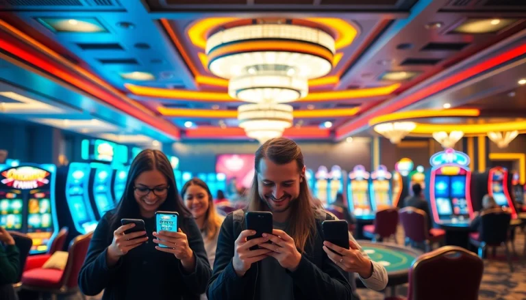 Entdecken Sie die besten Casino apps in einem lebhaften Spielambiente, die Benutzer mit smarten Geräten zeigt.