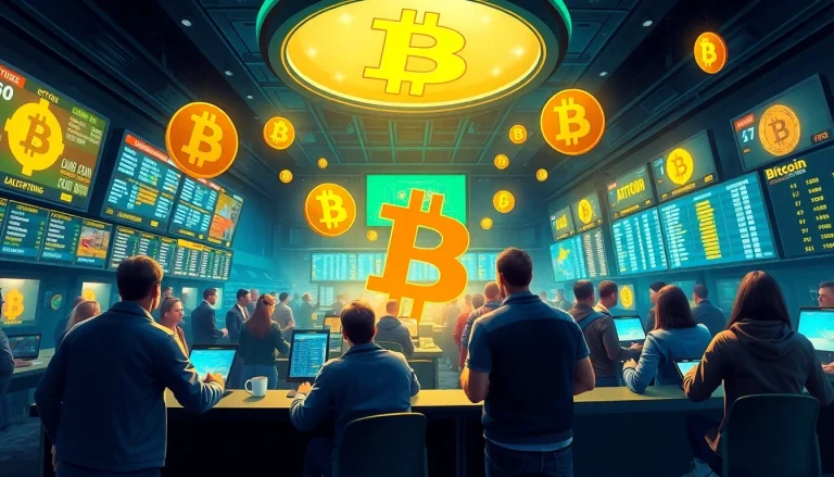 Engage in Bitcoin betting, featuring energetic bettors in a vibrant sports betting scene.