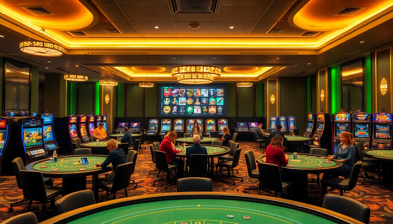 Erleben Sie Spannung im casino online schweiz mit einem Blick auf luxuriöse Spieltische und beeindruckende Spielautomaten.