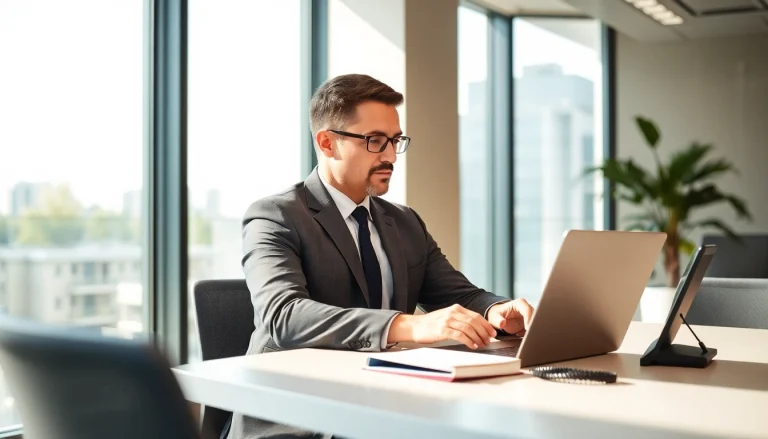 Headhunter analysiert Daten am Laptop in modernem Büro.
