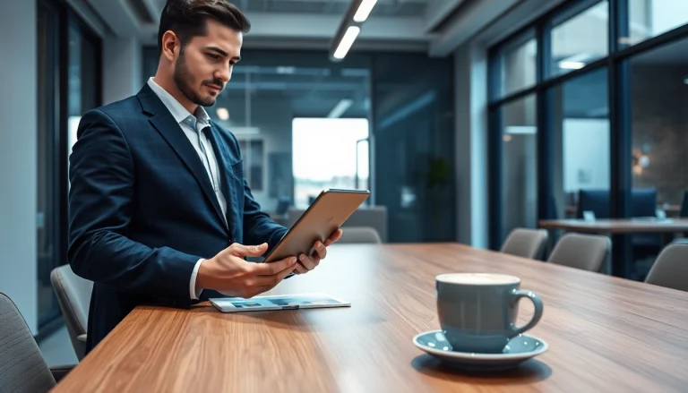 Headhunter Saarbrücken berät Kunden mit einem Tablet in modernem Büro.