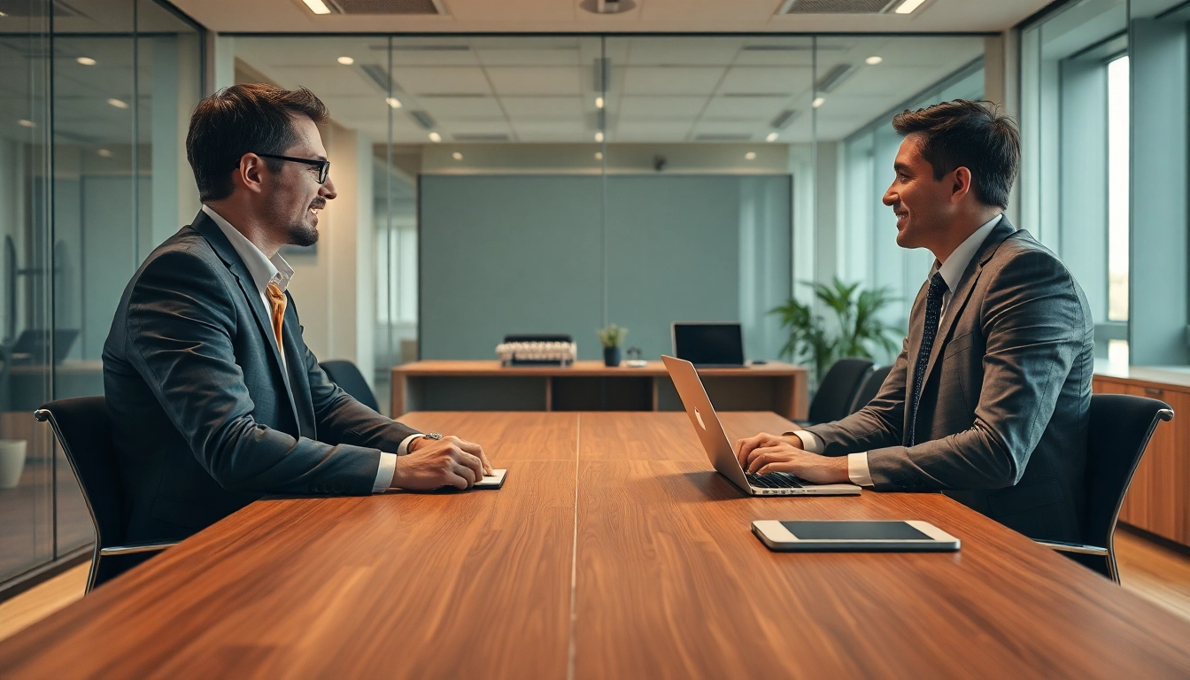 Eine professionelle Personalvermittlung zeigt interaktive Gespräche zwischen Beratern und Bewerbern.