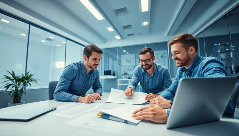 Headhunter Ingenieure in einem modernen Büro, die an technischen Plänen arbeiten.