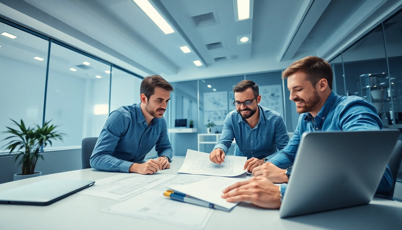 Headhunter Ingenieure in einem modernen Büro, die an technischen Plänen arbeiten.