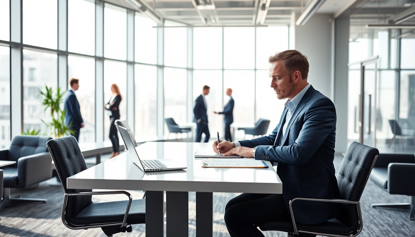Headhunter CEO in hellem Büro, konzentriert bei der Arbeit.
