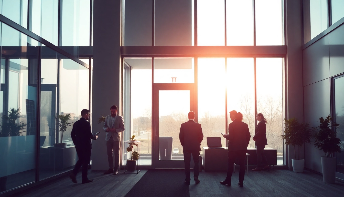 Menschen betreten das moderne Büro eines Headhunter Hagen und werden herzlich empfangen.