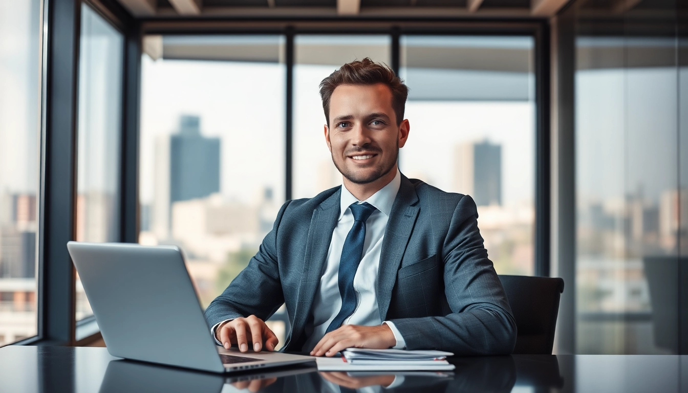 Headhunter Hagen im modernen Büro mit Laptop und Stadtblick.