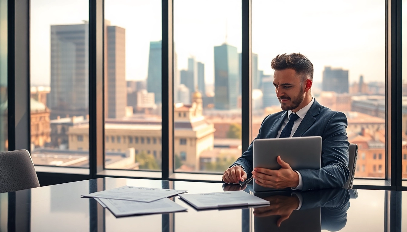Headhunter Frankfurt sitzt in modernem Büro, Bearbeitung von Bewerbungen.
