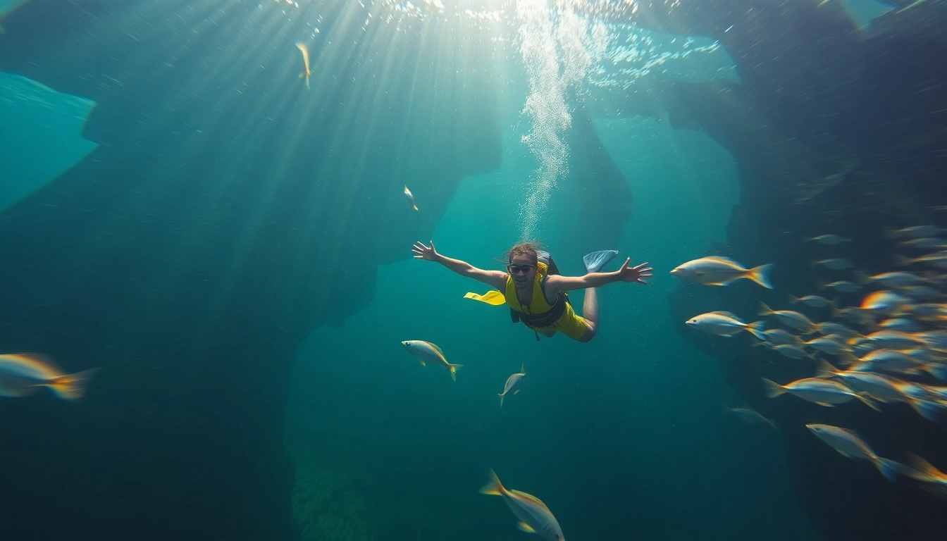 Tauchen Cenotes: Taucher erkundet die kristallklaren Wasser der Cenoten in Mexiko, umgeben von beeindruckenden Felsformationen.