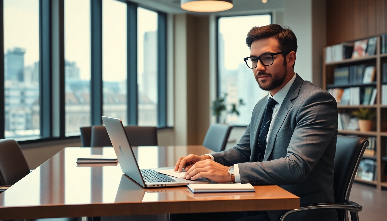 Headhunter arbeitet konzentriert in einem modernen Büro mit Laptop und Notizen.