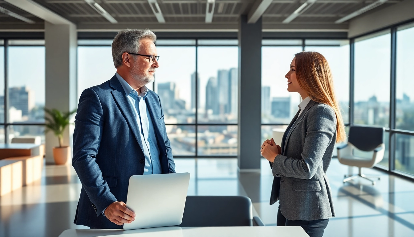 Headhunter Hagen in a modern office, conducting a professional interview.