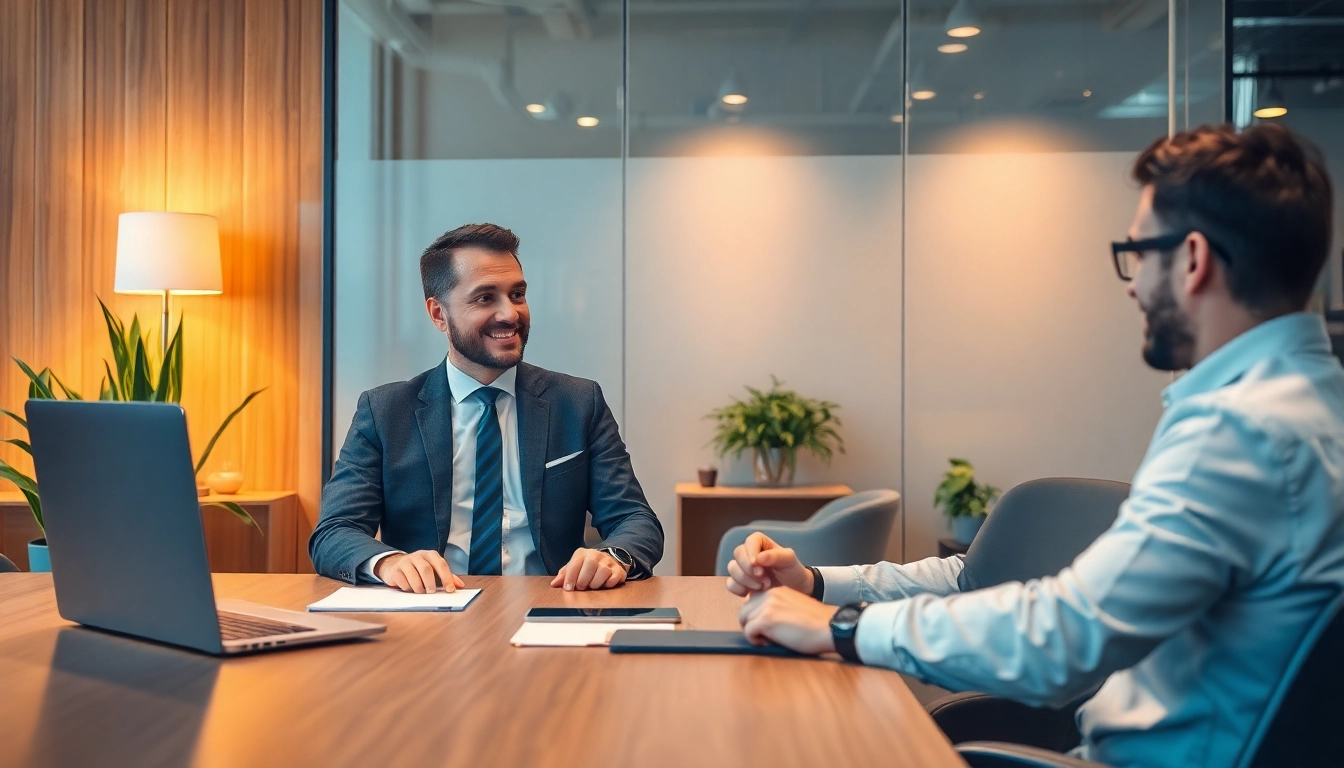 Headhunter IT führt ein professionelles Gespräch in einem modernen Büro.