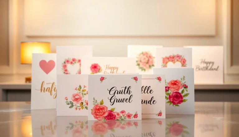Entdecken Sie schöne Grußkarten mit einzigartigen Designs auf einem eleganten Tisch.