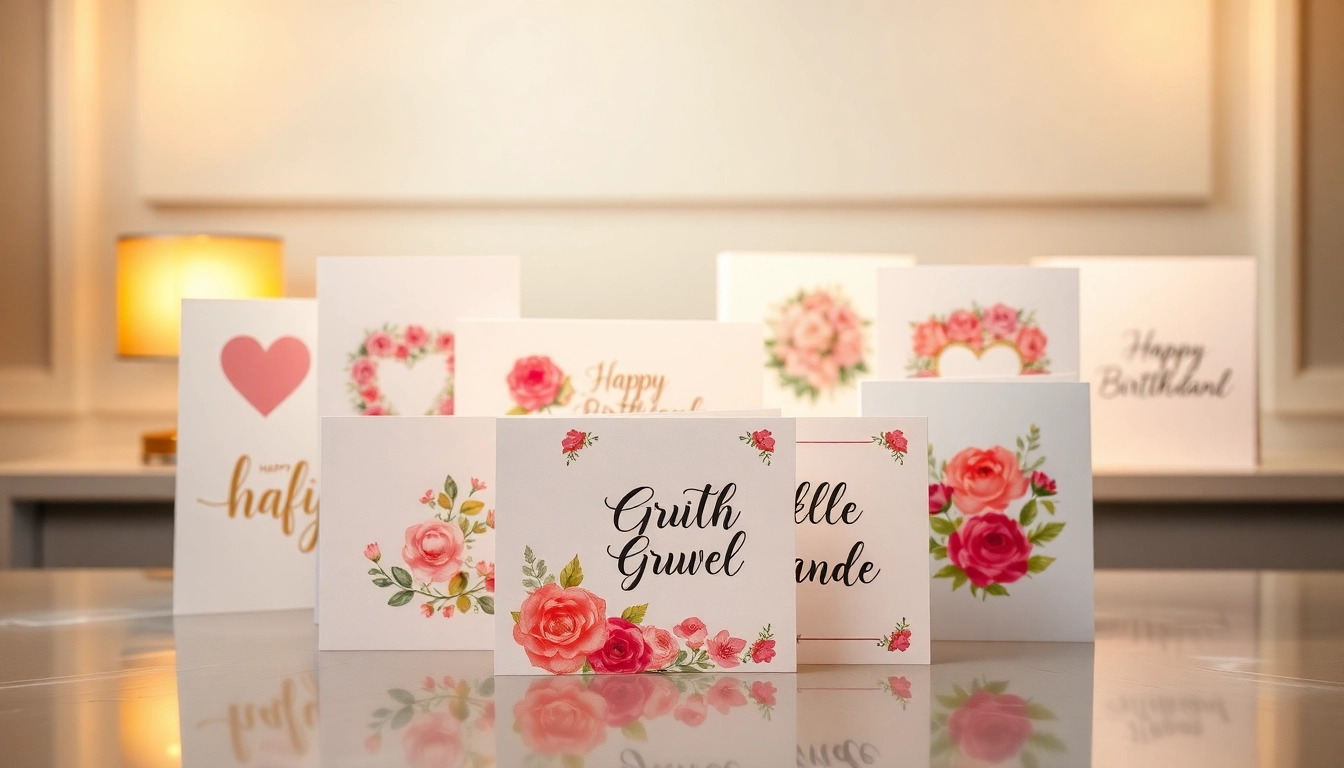 Entdecken Sie schöne Grußkarten mit einzigartigen Designs auf einem eleganten Tisch.