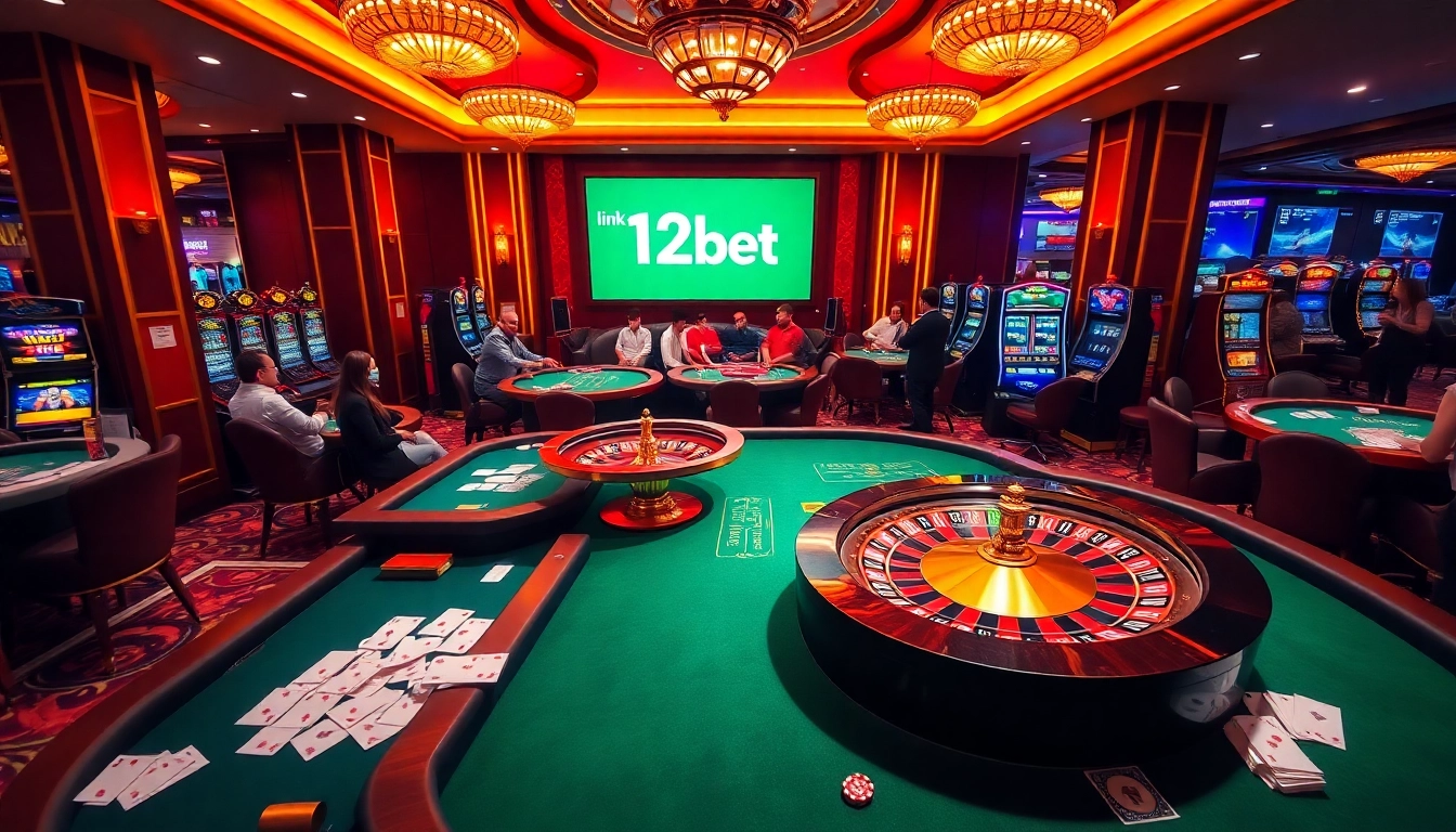 Exciting gambling scene showcasing link 12bet with roulette wheel and players immersed in games.