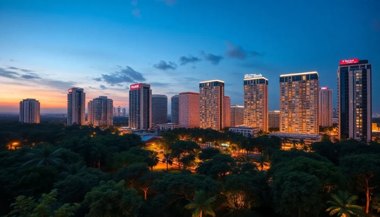 Tampines EC illuminated at dusk, showcasing modern architecture and lush greenery.