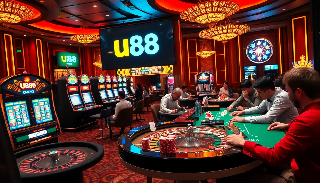 Experience thrilling gameplay at u88 with vibrant casino tables, engaging slot machines, and excited players.