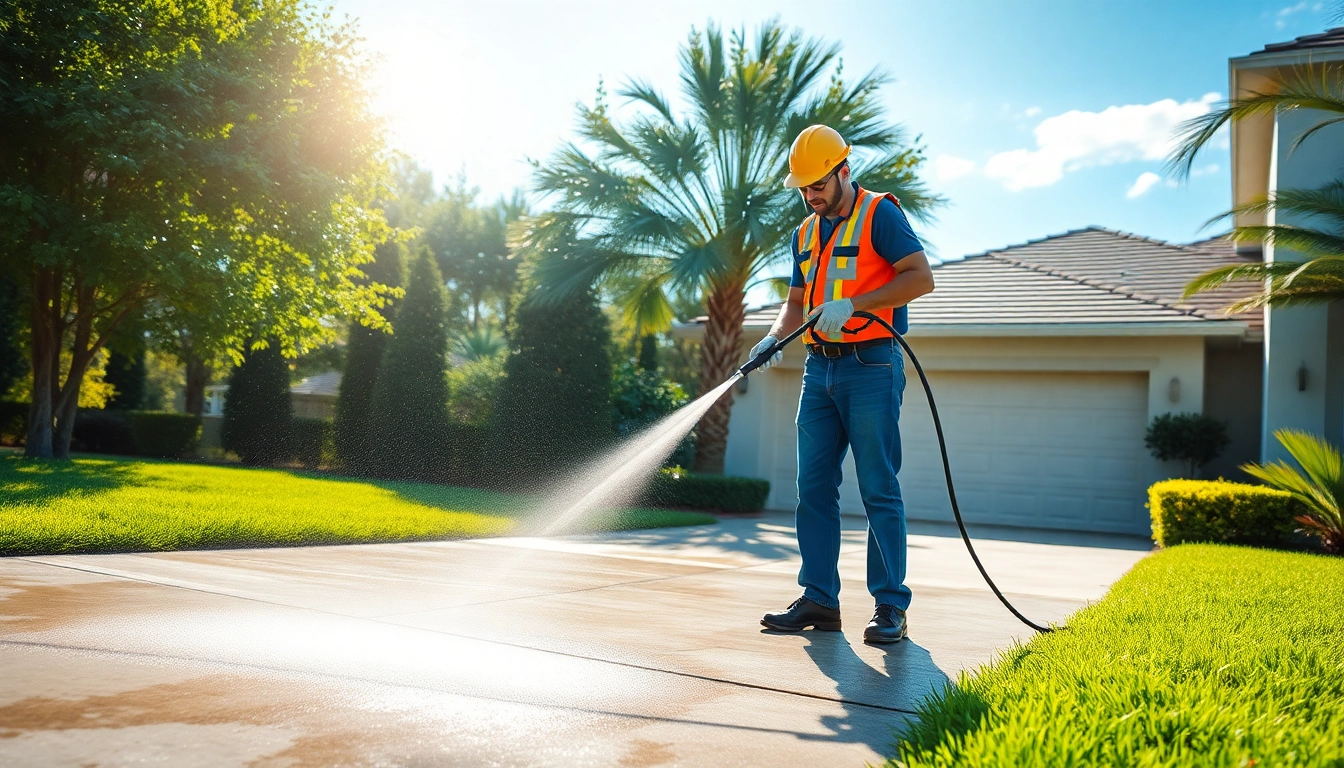 Driveway pressure wash in Kissimmee, FL, showcasing a professional technician cleaning a concrete driveway.