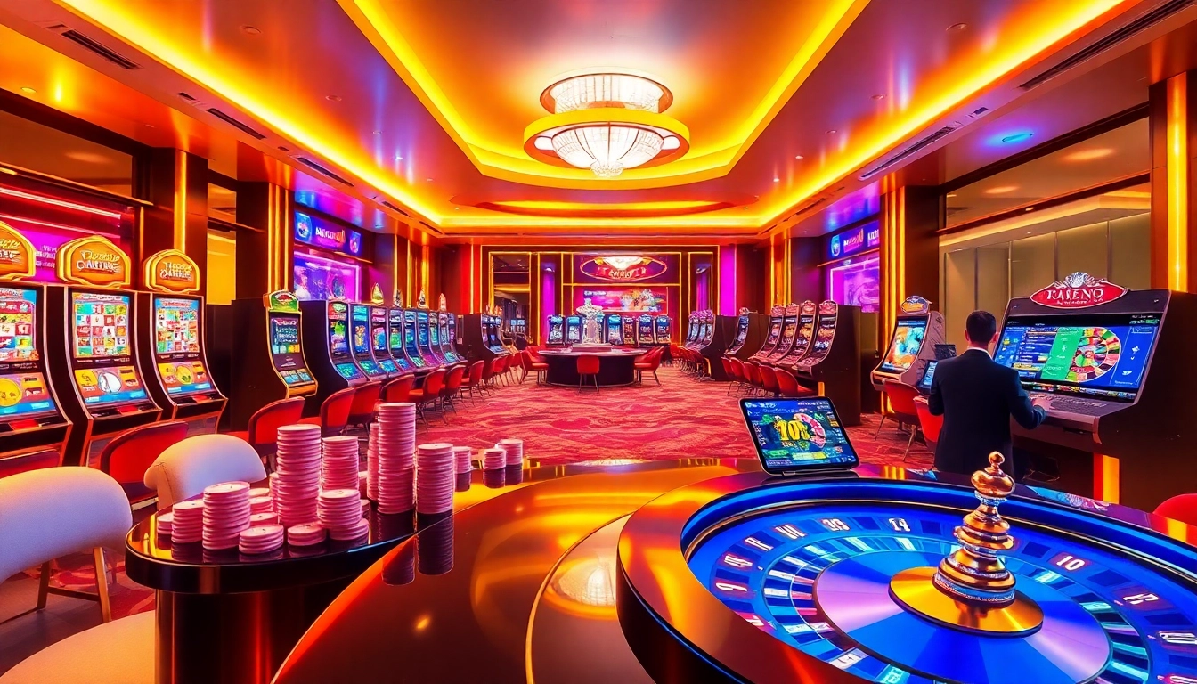 Engage with interactive gaming at https://f122.com.br/, highlighting vibrant slot machines and luxurious poker tables.