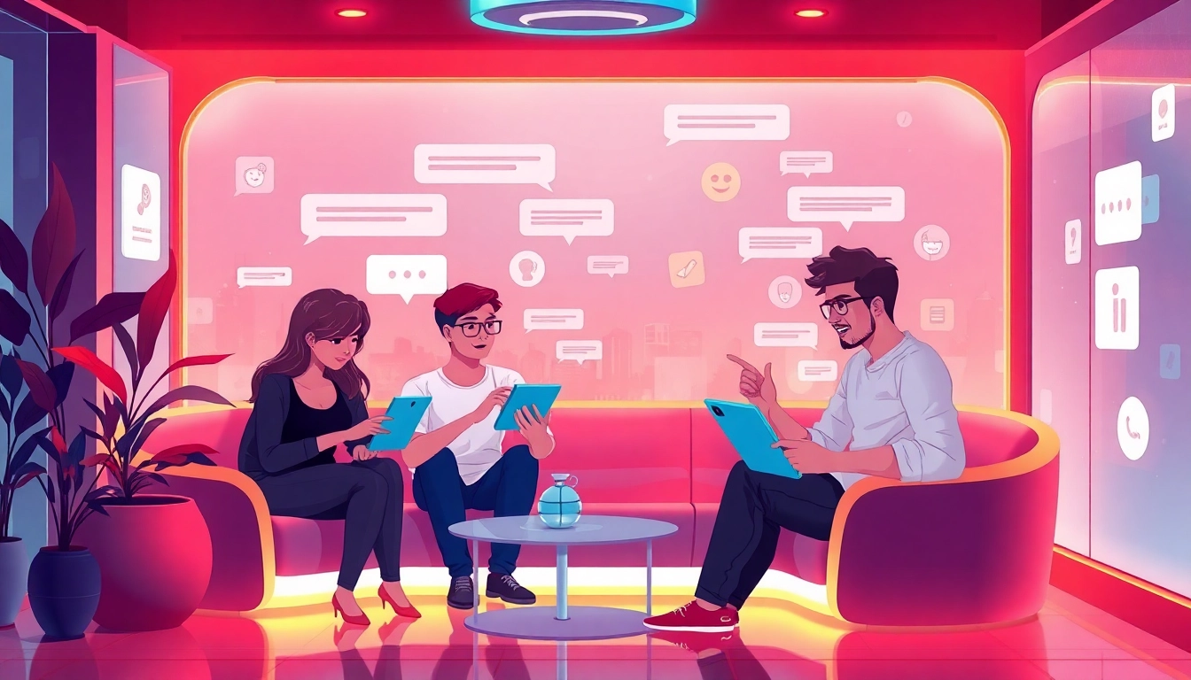 Engaging virtual lounge scene showcasing lively sex chat conversations in a cozy atmosphere.