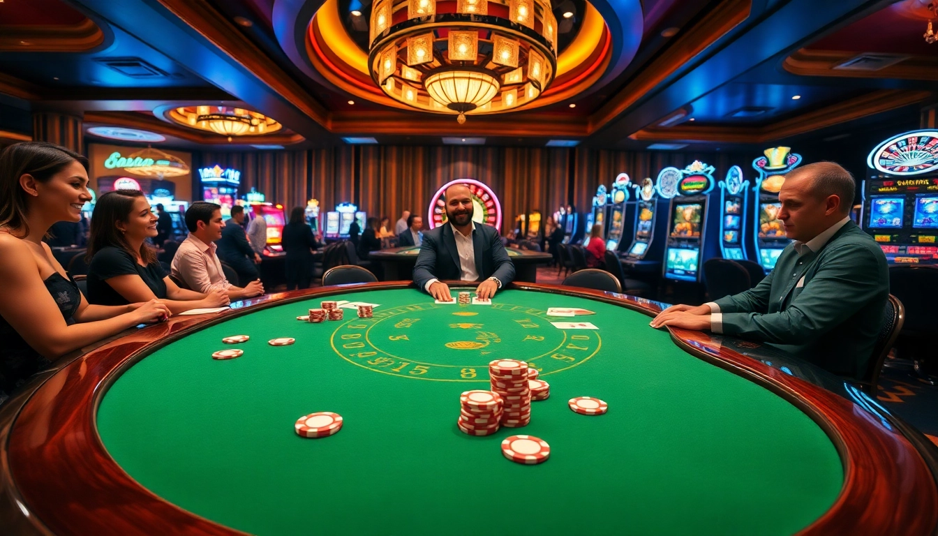 Players enjoying poker at https://88aaa.fit/ in a vibrant casino atmosphere with chips and cards.