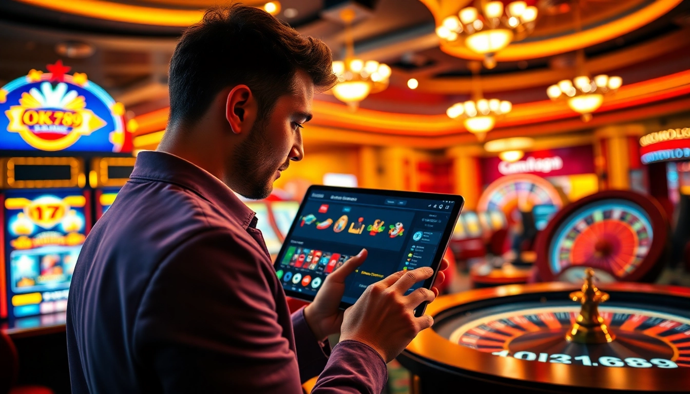 Experience thrilling online gambling with the OK789 vibrant casino interface featuring slot machines and roulette.