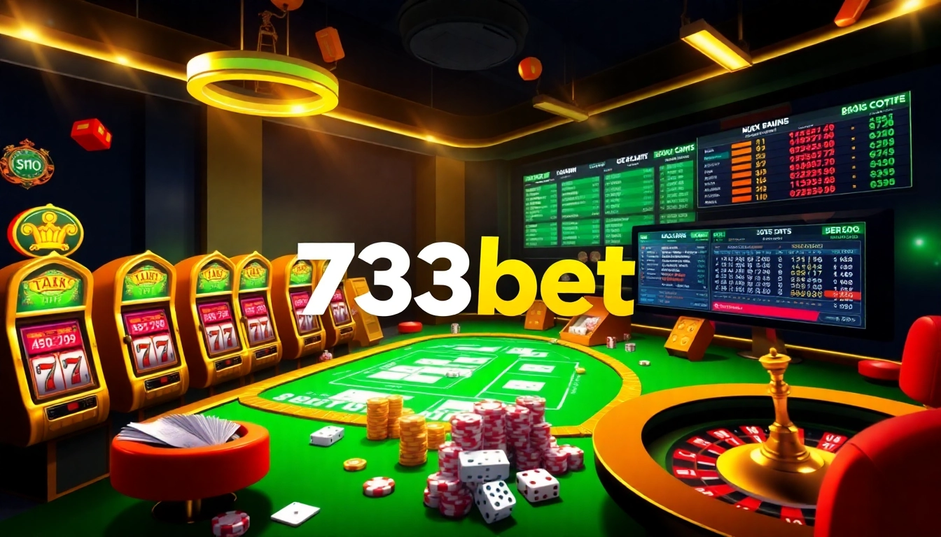 A live online gambling experience featuring 733bet with poker tables, slot machines, and sports betting.