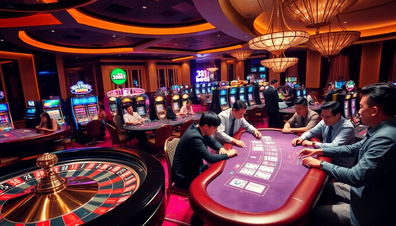 Exciting gaming scene at 333bet featuring roulette, poker, and slot machines.