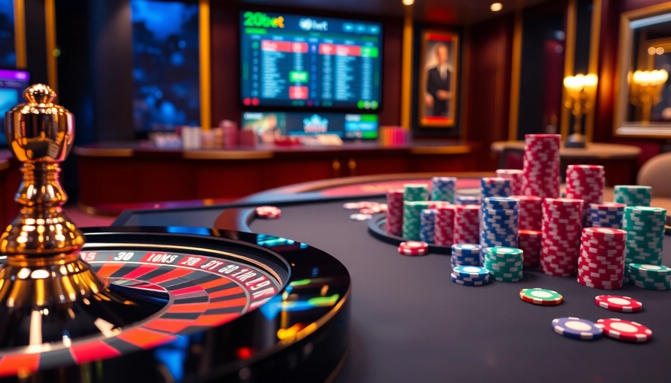 Gamble on exhilarating games with 20bet at a vibrant gaming table featuring chips and cards.
