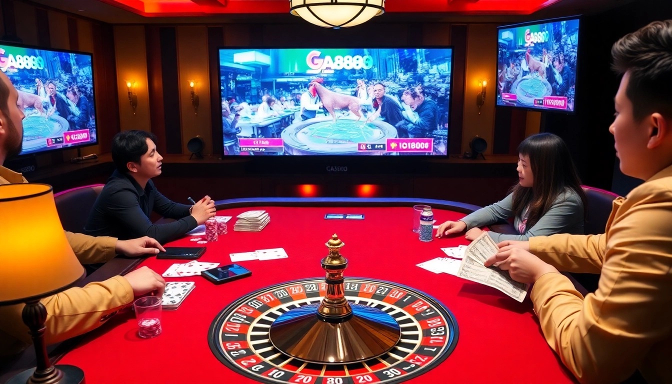 Ga888 online casino scene with poker chips and livestream betting in a luxurious setting.