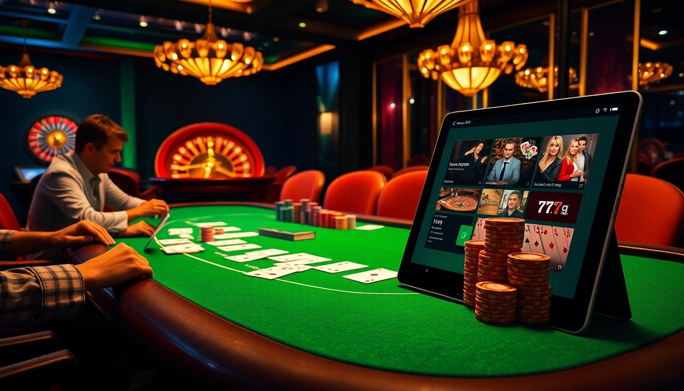 Players strategizing at a high-stakes poker table, featuring 777g gaming excitement and elegant casino ambiance.