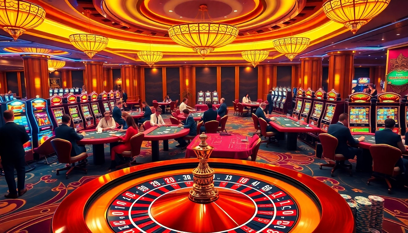 Players strategizing at casino tables representing https://kuwinzhz.com/ with vibrant slots and roulette wheels.