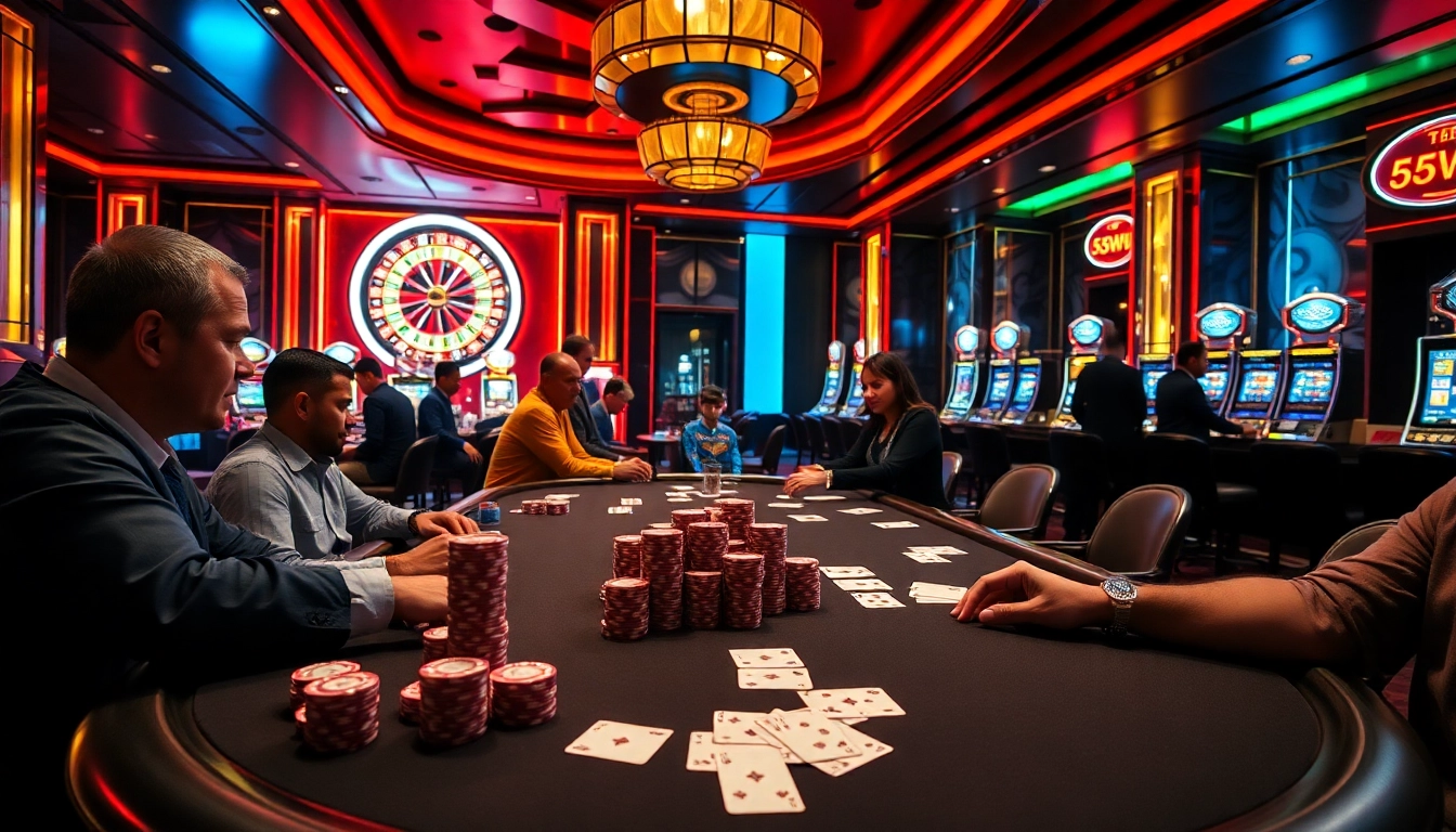 Experience the excitement of 55WW as players engage at a high-stakes poker table in a luxurious casino.