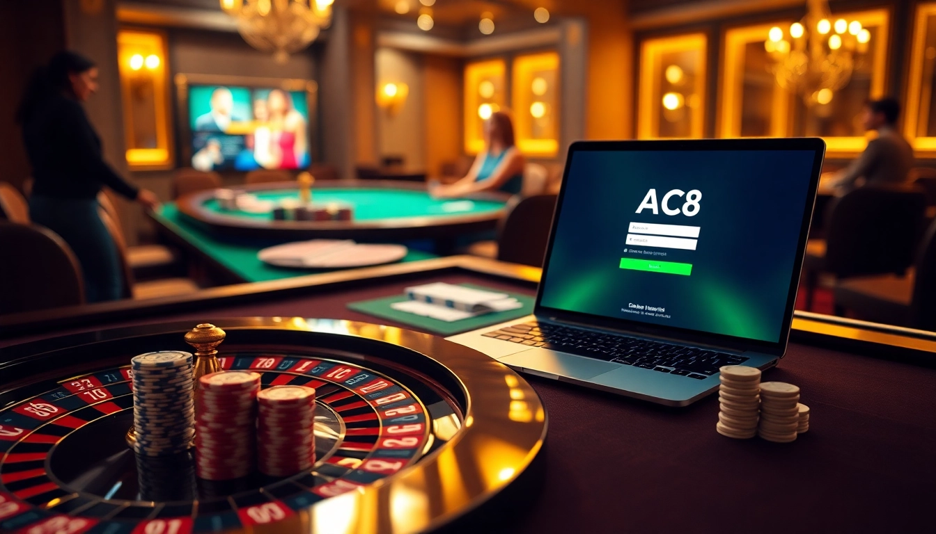 Experience Đăng Nhập ABC8 with a luxurious casino scene showcasing roulette and poker elements.