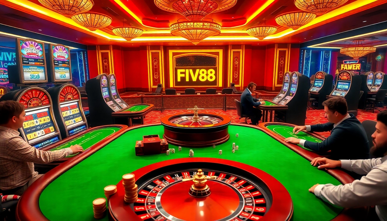 Players enjoy thrilling poker games at FIVE 88 casino, surrounded by vibrant lights and luxurious decor.