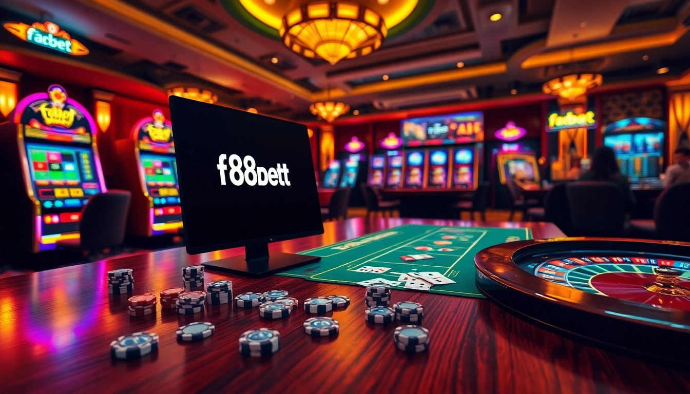 Experience the thrill of f8bet with vibrant casino games, chips, and tables.