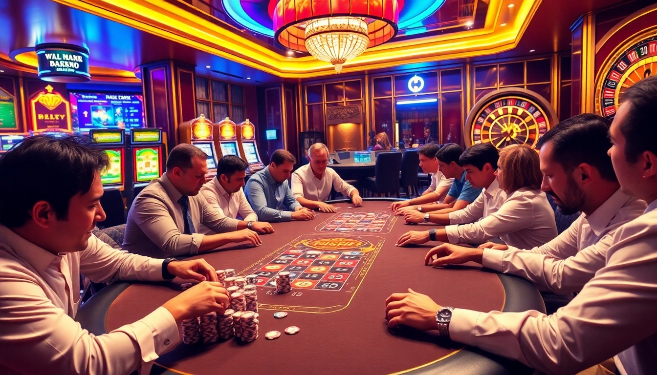 Players enjoying a high-stakes poker game at NOHU90 with vibrant casino details.