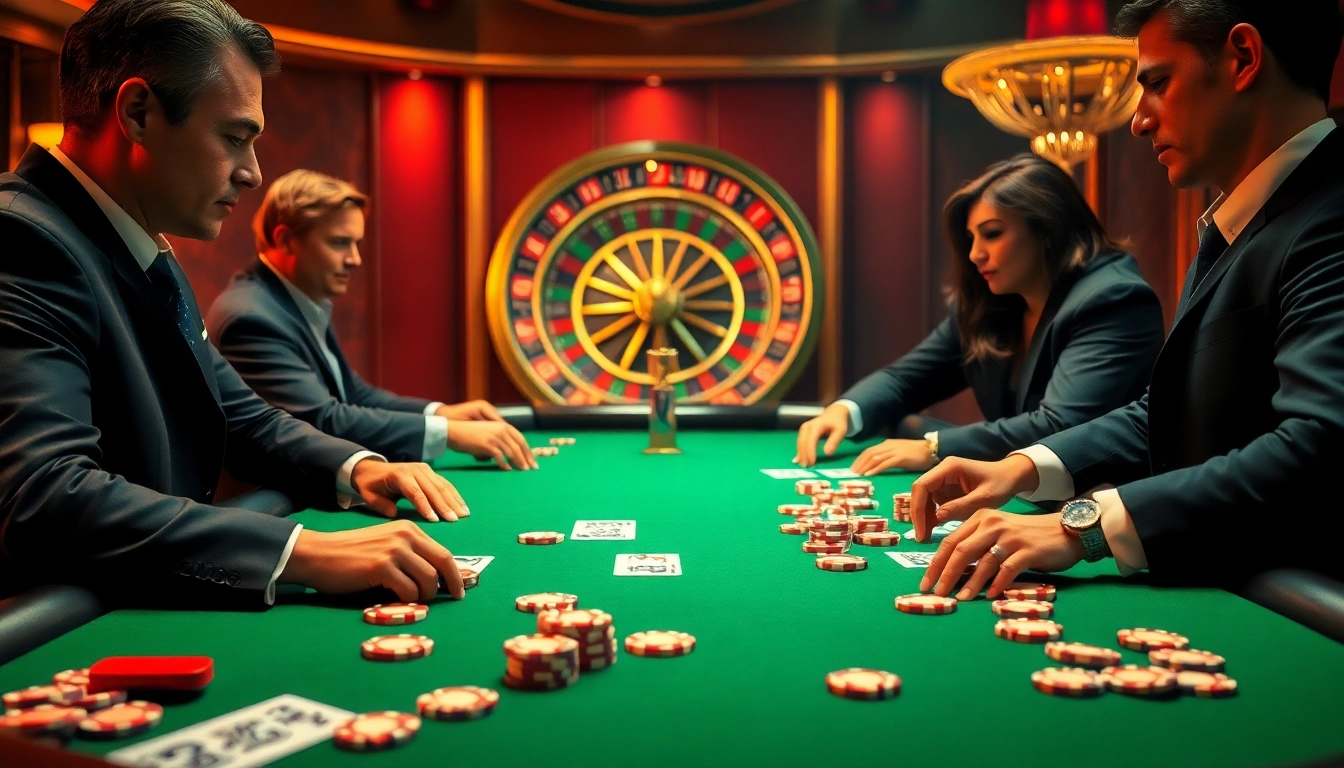 Engaged players at a luck 8-themed poker table highlight the excitement of high-stakes gambling.