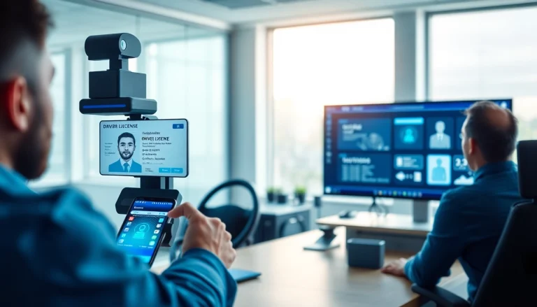 Visualisierung des Prozesses der elektronischen Führerscheinkontrolle mit digitaler Führerschein-Verifizierung in einem modernen Büro.