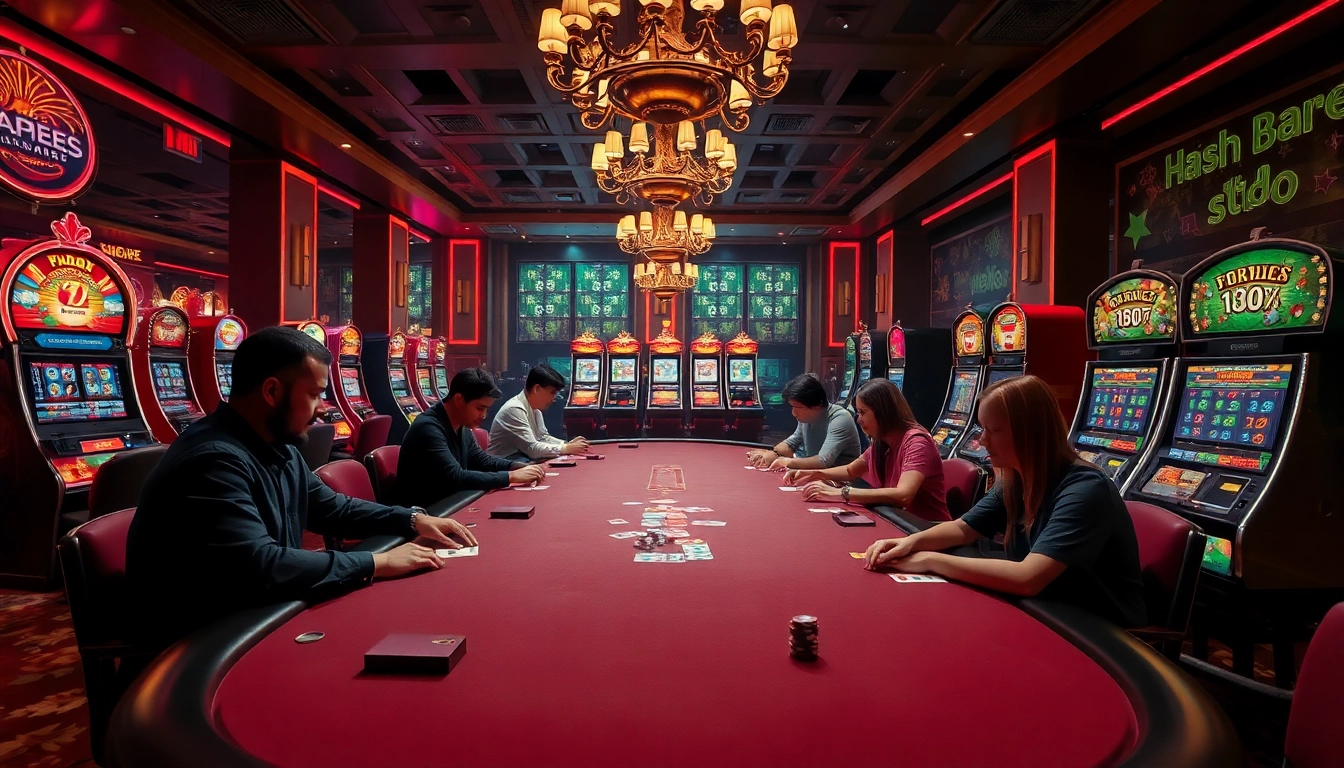 Az online casino játékosai egy luxus asztalnál játszanak élénk fények között.