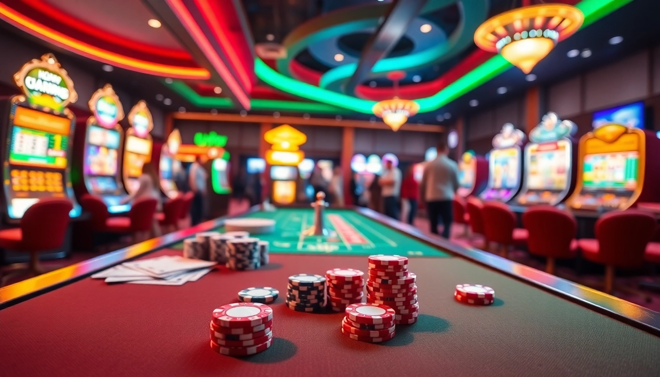 Az online casino élénk világát bemutató játékasztal és nyerőgépek egy szórakoztató környezetben.