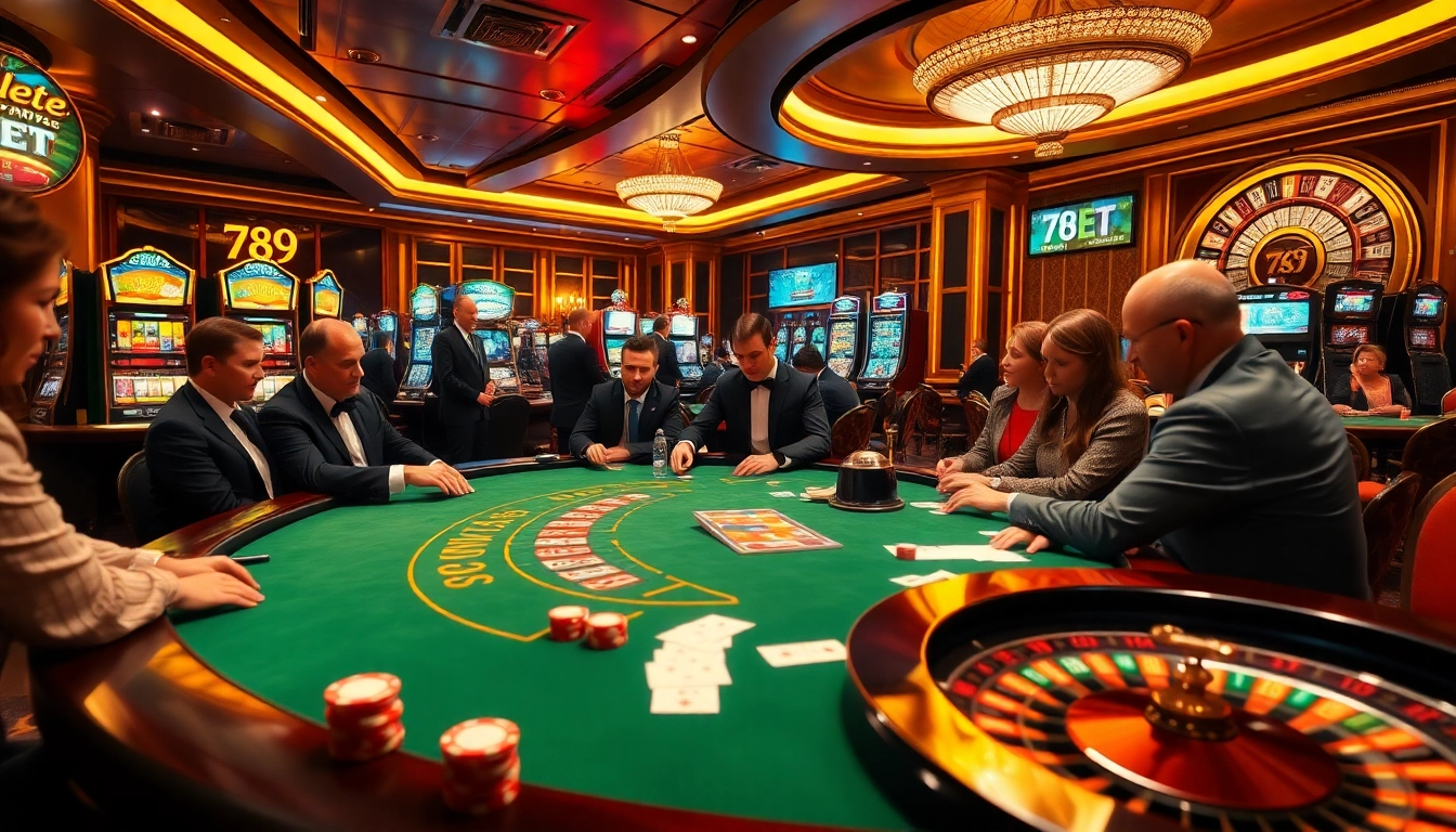 Intense poker action at a 789 BET casino table, featuring vibrant chips and a spinning roulette wheel.